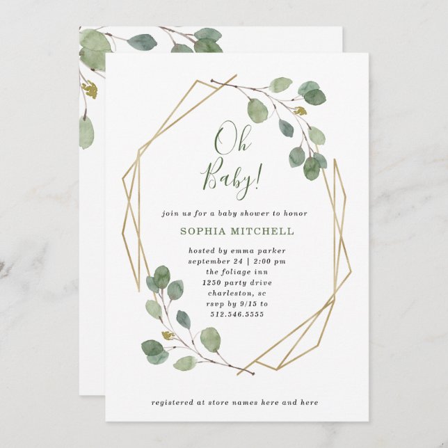 Eucalyptus Greenery Geometric Baby Shower Oh Baby Invitation (Front/Back)