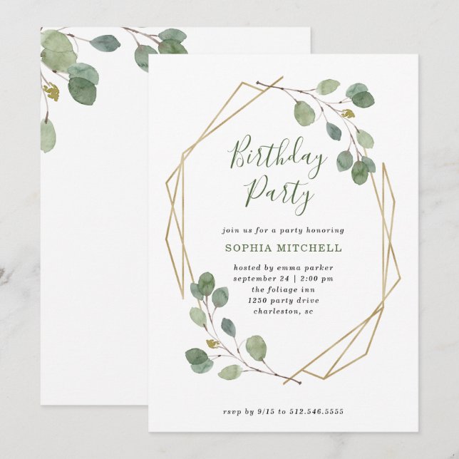 Eucalyptus Greenery | Geometric Birthday Party Invitation (Front/Back)