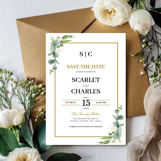 Eucalyptus Greenery Geometric Floral Wedding Save The Date (Eucalyptus greenery geometric Save the Date announces your special day with modern style.)