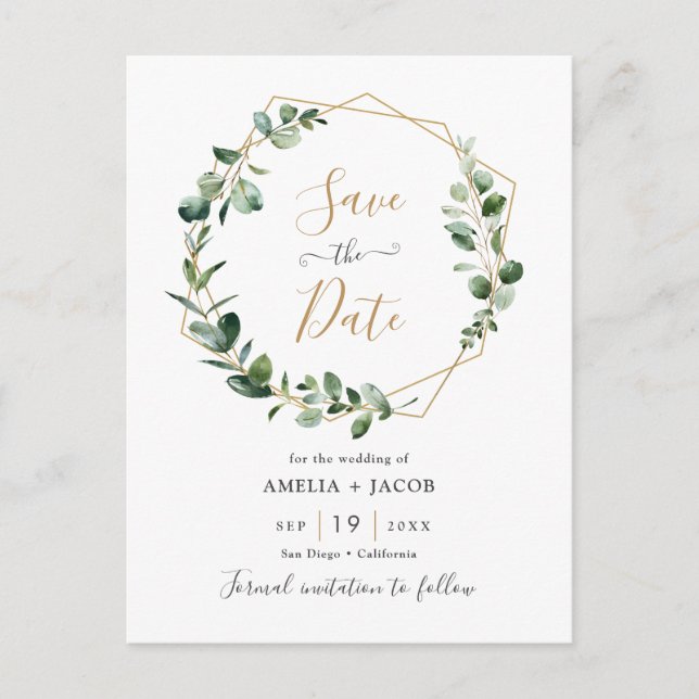 Eucalyptus Greenery Geometric Frame Save the Date Postcard (Front)