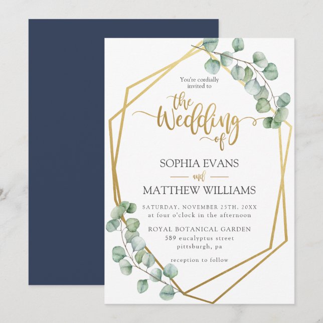 Eucalyptus Greenery Geometric Gold Frame Wedding Invitation (Front/Back)