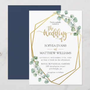 Eucalyptus Greenery Geometric Gold Frame Wedding Invitation
