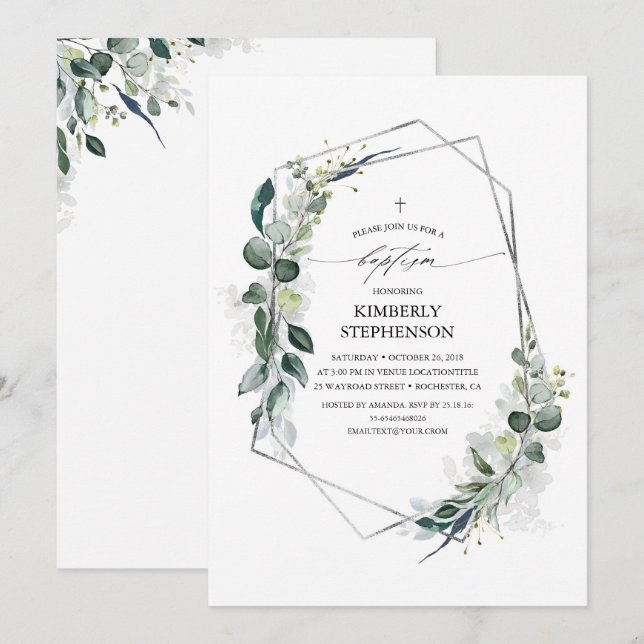 Eucalyptus Greenery Geometric Modern Baptism Invitation (Front/Back)