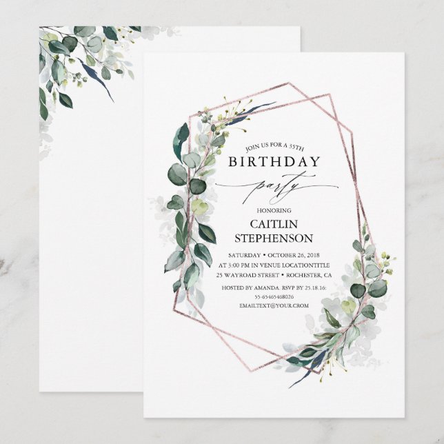 Eucalyptus Greenery Geometric Modern Birthday Invitation (Front/Back)