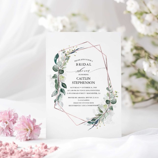 Eucalyptus Greenery Geometric Modern Bridal Shower Invitation (Rose Gold Greenery Bridal Shower Invitations)