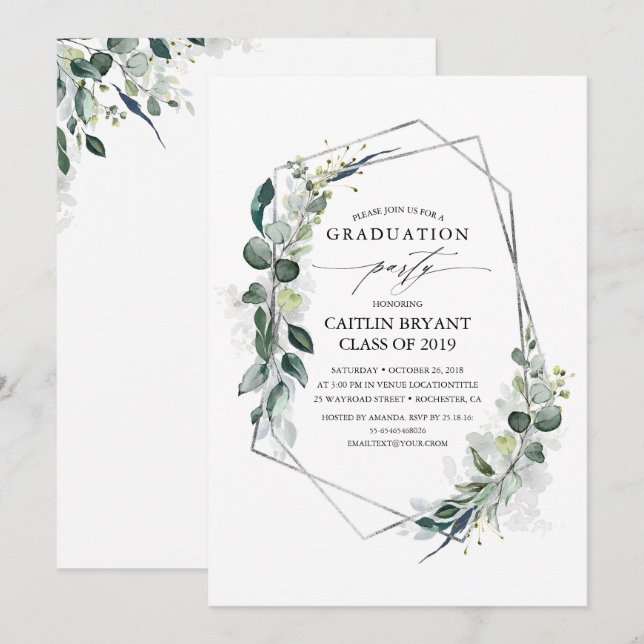 Eucalyptus Greenery Geometric Modern Graduation Invitation (Front/Back)