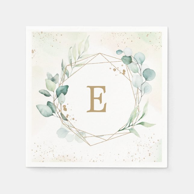 Eucalyptus Greenery Geometric Monogram Wedding Napkin (Front)