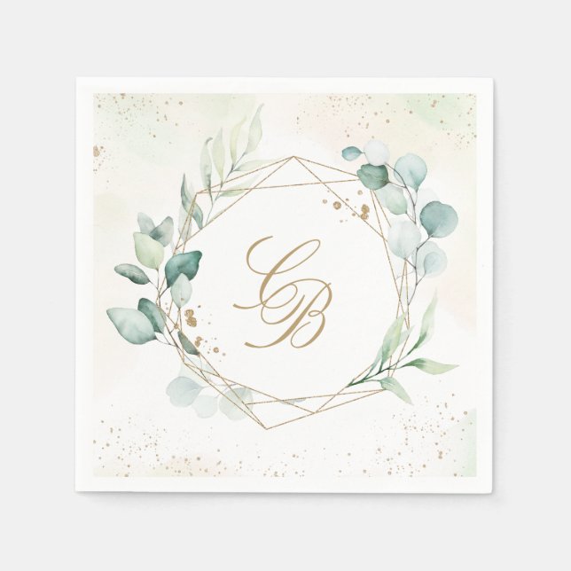 Eucalyptus Greenery Geometric Monogram Wedding Napkin (Front)