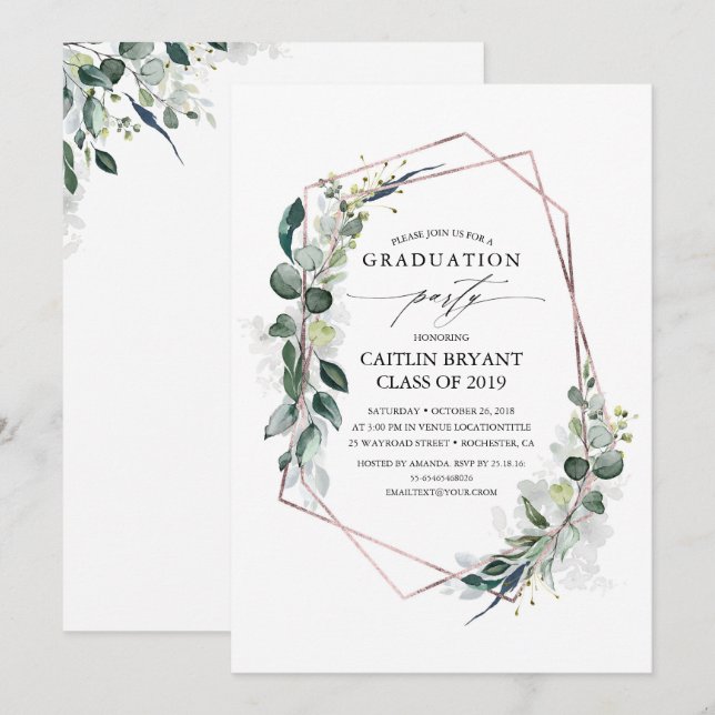 Eucalyptus Greenery Geometric Rose Gold Graduation Invitation (Front/Back)
