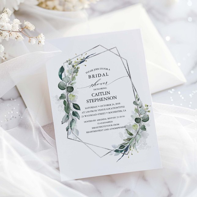 Eucalyptus Greenery Geometric Silver Bridal Shower Invitation (Silver Greenery Bridal Shower Invitation)