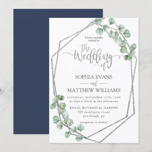 Eucalyptus Greenery Geometric Silver Frame Wedding Invitation