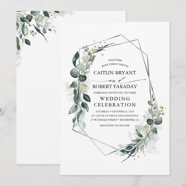 Eucalyptus Greenery Geometric Silver Frame Wedding Invitation (Front/Back)