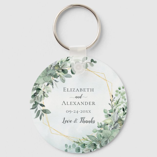 Eucalyptus Greenery Geometric Watercolor Wedding  Key Ring (Front)