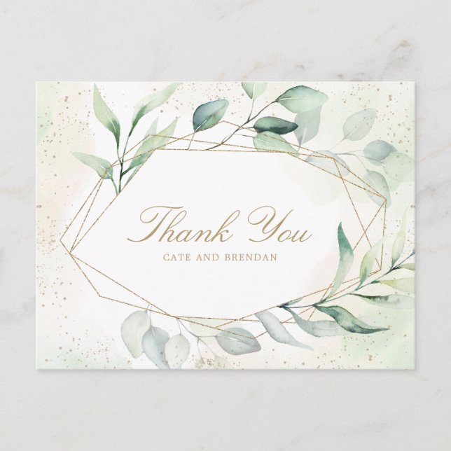 Eucalyptus Greenery Geometric Wedding Thank You Postcard (Front)