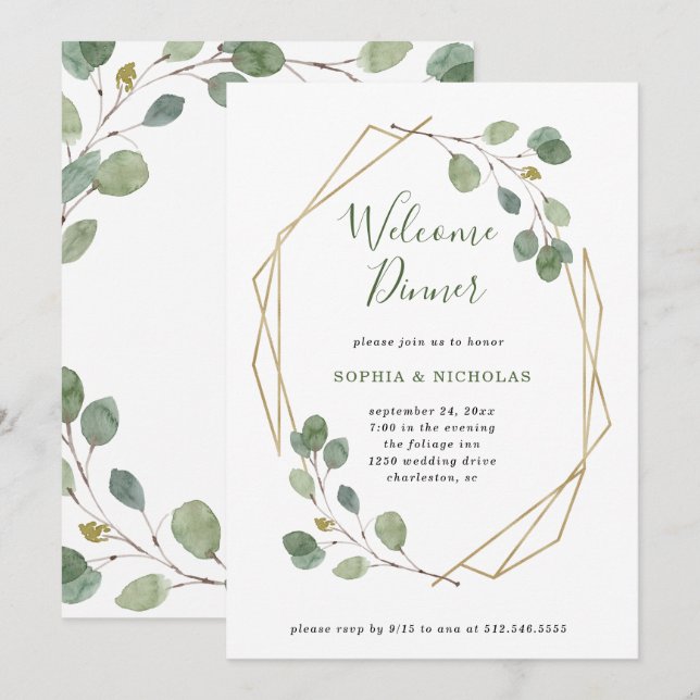 Eucalyptus Greenery | Geometric Welcome Dinner Invitation (Front/Back)