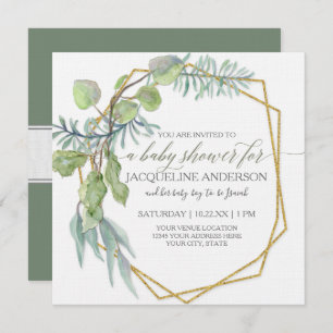 Eucalyptus Greenery Geometric Wreath Baby Shower Invitation
