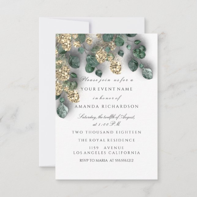 Eucalyptus Greenery Glitter Gold Foils White Invitation (Front)