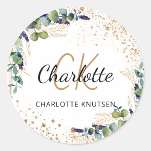 Eucalyptus greenery glitter monogram thank you  classic round sticker