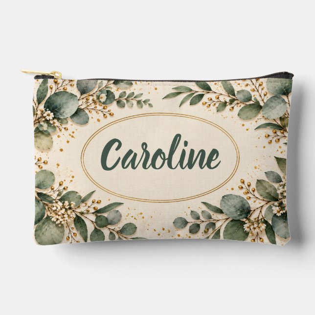 Eucalyptus Greenery Gold Accessory Pouch (Front)