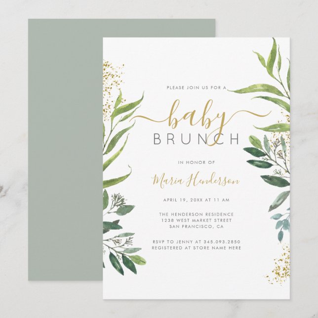 Eucalyptus Greenery & Gold Baby Shower Brunch Invitation (Front/Back)