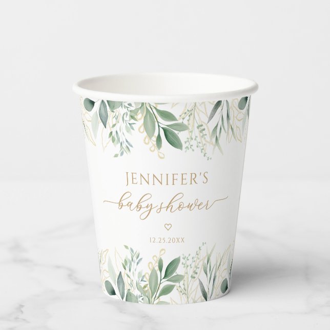 Eucalyptus Greenery Gold Baby Shower Paper Cups (Back)