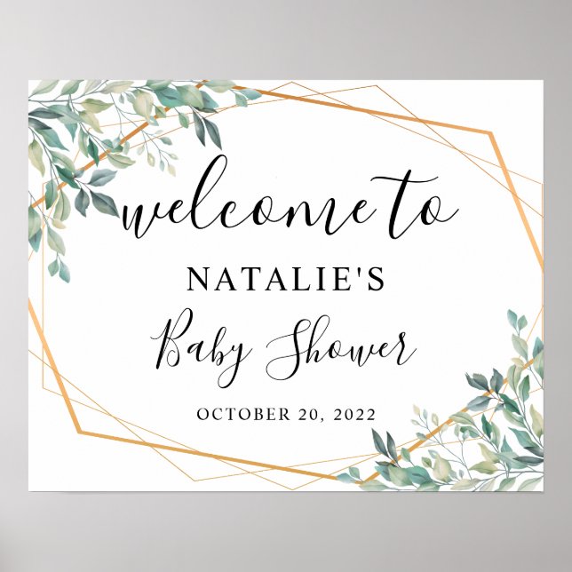 Eucalyptus Greenery Gold Baby Shower Welcome Sign (Front)