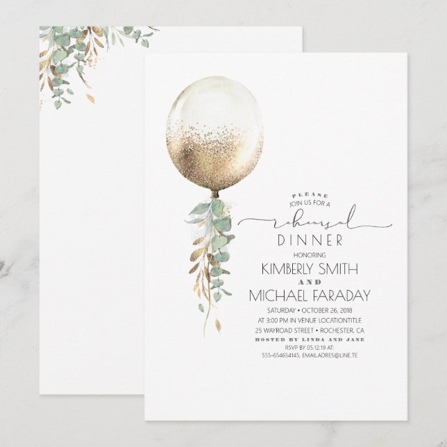 Eucalyptus Greenery Gold Balloon Rehearsal Dinner Invitation (Front/Back)
