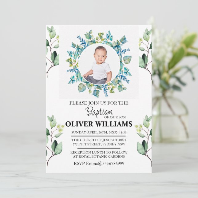 Eucalyptus Greenery Gold Baptism PHOTO Invitation  (Standing Front)