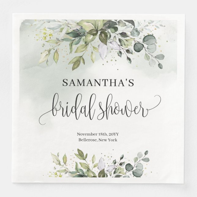 Eucalyptus greenery gold Bridal Shower napkins (Front)