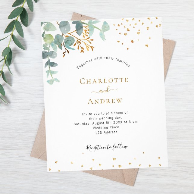 Eucalyptus greenery gold budget wedding invitation flyer (Creator Uploaded)