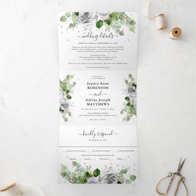 Eucalyptus Greenery & Gold Classic Wedding Tri-Fol Tri-Fold Invitation (Inside)