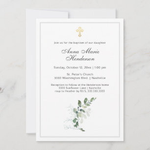 Eucalyptus Greenery Gold Cross Baptism Invitation