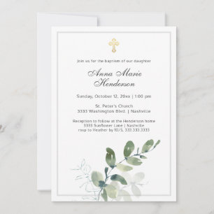 Eucalyptus Greenery Gold Cross Baptism  Invitation