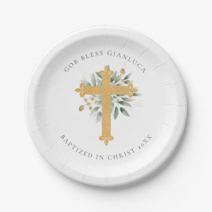 Eucalyptus Greenery & Gold Cross Baptism Party Paper Plate