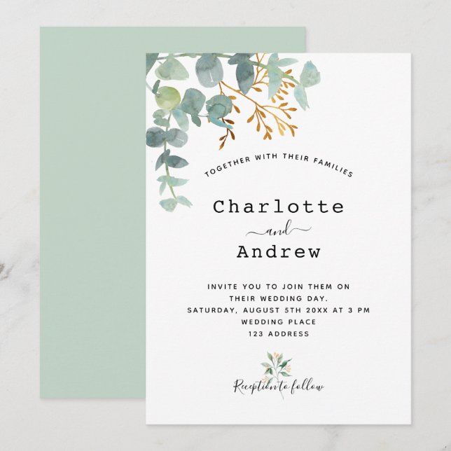 Eucalyptus greenery gold elegant script wedding invitation (Front/Back)