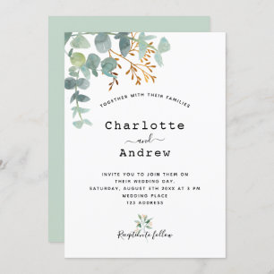 Eucalyptus greenery gold elegant script wedding invitation