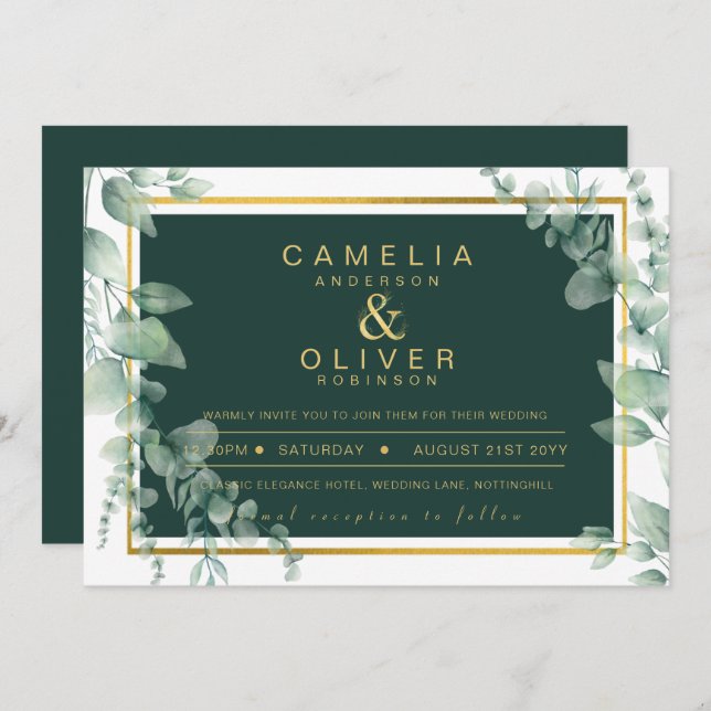 Eucalyptus Greenery Gold Emerald Wedding QR CODE I Invitation (Front/Back)
