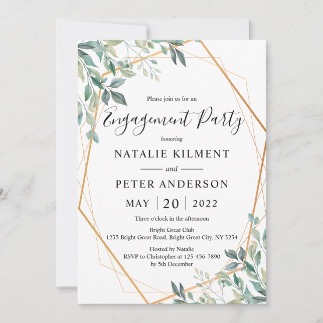 Eucalyptus Greenery Gold Frame Engagement Party Invitation (Front)