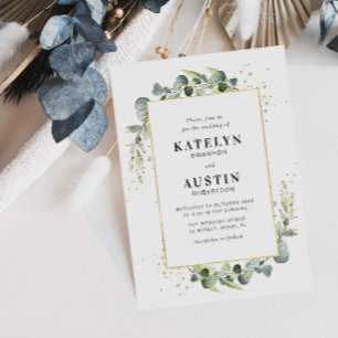 eucalyptus greenery gold frame wedding invitation