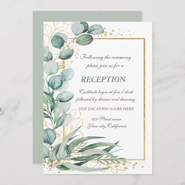 Eucalyptus Greenery Gold Frame Wedding Reception  Invitation (Front/Back)