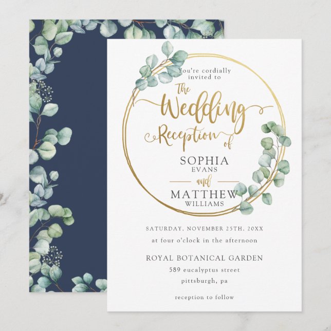 Eucalyptus Greenery Gold Frame Wedding Reception Invitation (Front/Back)