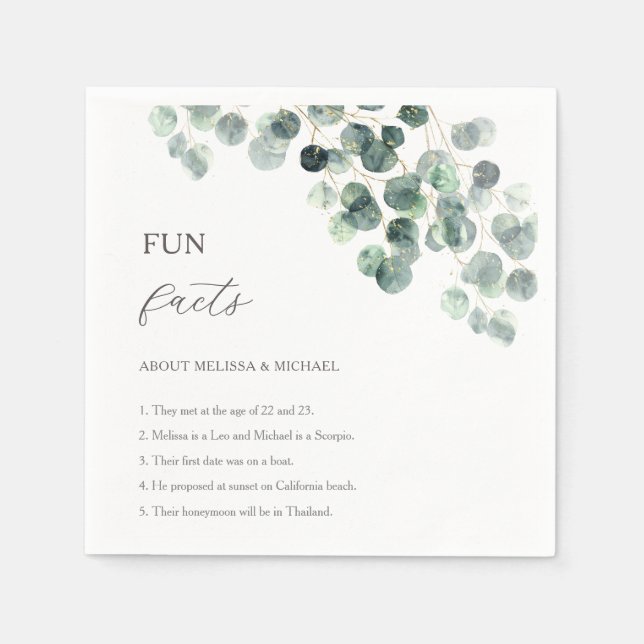 Eucalyptus Greenery Gold Fun Facts Wedding  Napkin (Front)