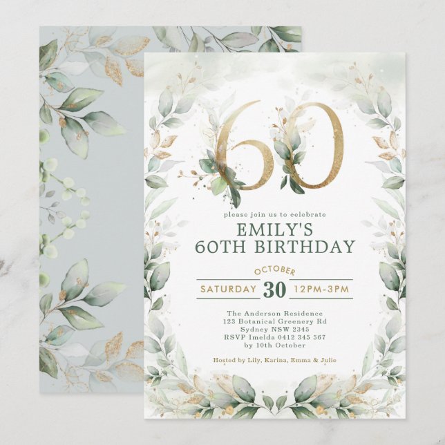 Eucalyptus Greenery Gold Garden 60th Birthday   Invitation (Front/Back)