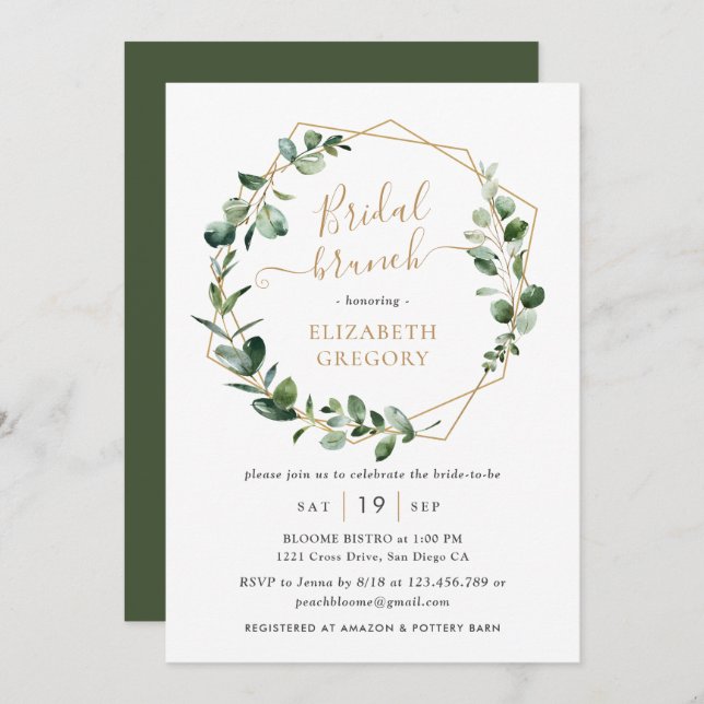 Eucalyptus Greenery Gold Geometric Bridal Brunch Invitation (Front/Back)