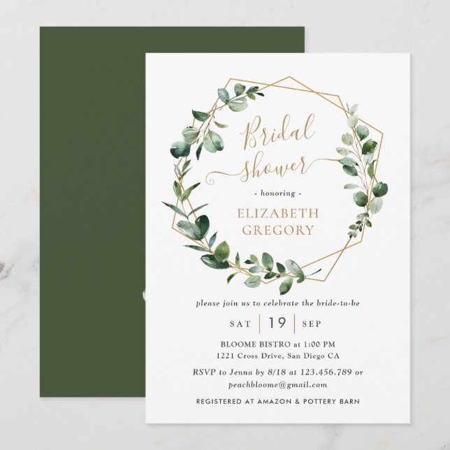 Eucalyptus Greenery Gold Geometric Bridal Shower Invitation (Front/Back)