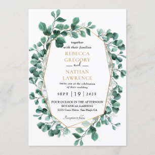 Eucalyptus Greenery Gold Geometric Frame Wedding Invitation