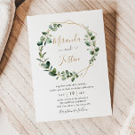 Eucalyptus Greenery Gold Geometric Frame Wedding Invitation<br><div class="desc">This elegant and customisable Wedding Invitation features an geometric gold frame adorned with moody watercolor eucalyptus leaves & has been paired with a whimsical calligraphy and a classy serif font in gold and grey. To make advanced changes,  please select "Click to customise further" option under Personalise this template.</div>