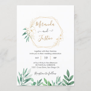 Eucalyptus Greenery Gold Geometric Frame Wedding Invitation