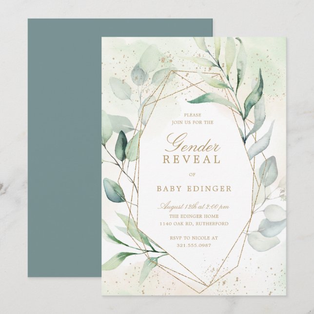 Eucalyptus Greenery Gold Geometric Gender Reveal Invitation (Front/Back)