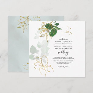 Eucalyptus Greenery Gold Geometric Leaves Wedding Invitation